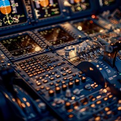 Detailed Close-Up of Airplane Cockpit Controls with Instrument Panel and Navigation Display