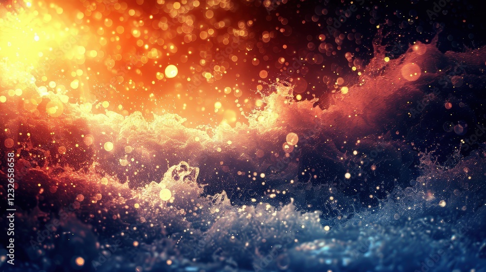 Poster a mesmerizing depiction of swirling waves illuminated by vibrant colors, creating a dynamic and ench