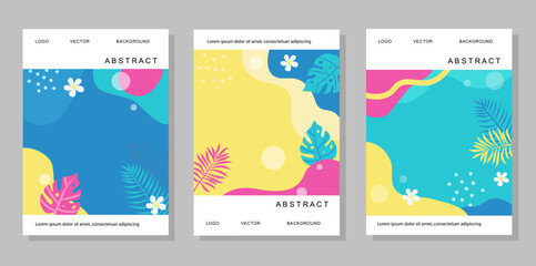 A set of three tropical abstract vector backgrounds with bright colors, organic shapes, exotic leaves, and floral elements. Perfect for posters, invitations, social media, and creative projects. 