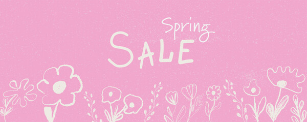 Pink floral spring sale banner with hand drawn doodle flowers, modern minimalist design, textured pastel background, elegant typography, trendy seasonal promotion. Vector illustration