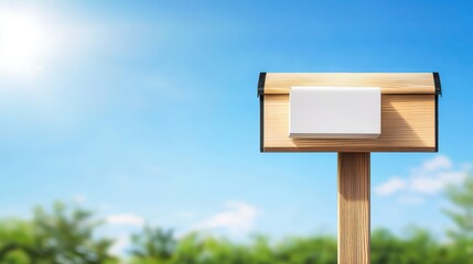 Wooden Mailbox Against the Bright Blue Sky with Greenery Background