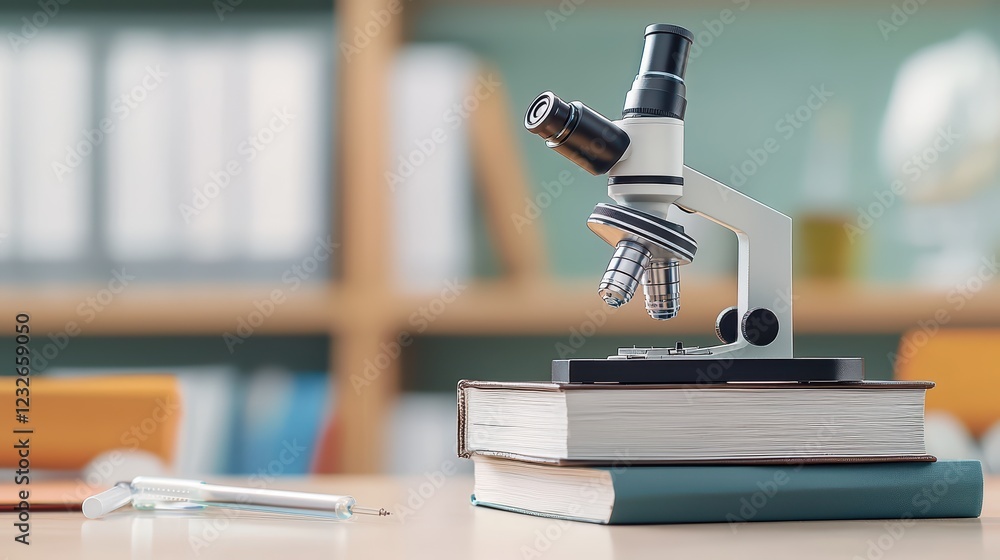 Poster microscope on books with soft focus background in laboratory setting
