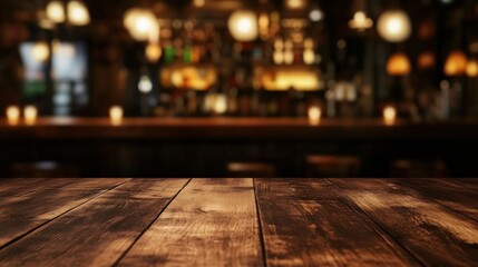 A close-up view of a rustic wooden tabletop with a blurred background of a dimly lit bar interior.