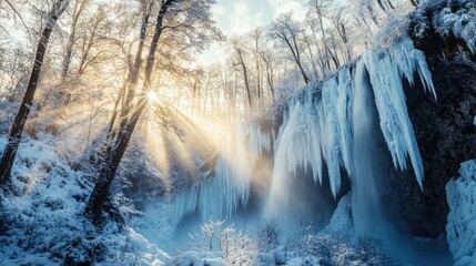 Frozen waterfall sunrise winter forest scene, nature photography