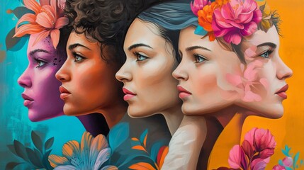 Obraz premium Colorful Portrait of Four Diverse Women with Floral Elements