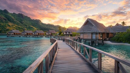 Obraz premium Sunset Overwater Bungalows in Tropical Paradise