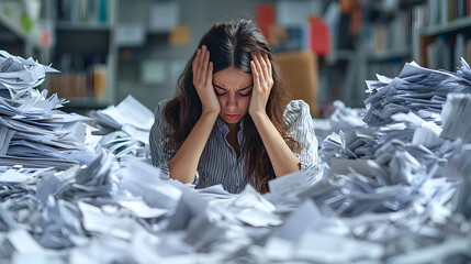 worker drwoning in paperwork, helpless and frustrated