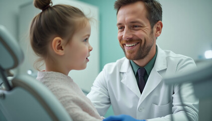 Obraz premium A professional Dutch dentist is examining and consulting a young female child patient in a pediatric dental clinic setting