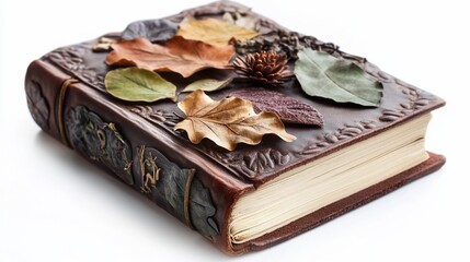 Autumnal leather journal; fall leaves, white background; crafting, scrapbooking