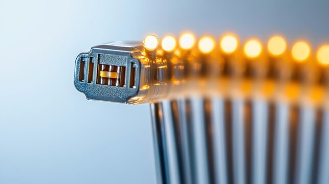 Fiber optic cable closeup, glowing background, data transfer, technology