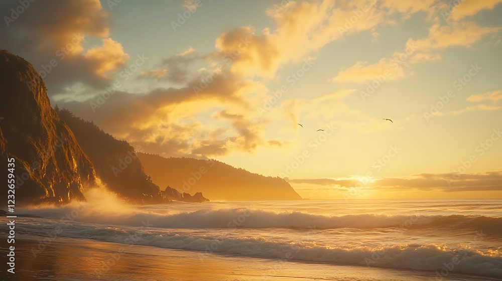 Poster sunset over a tranquil beach with waves crashing against the rocks and clouds illuminated by warm li