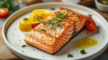 Grilled salmon fillet with lemon wedges and tomato, perfect for a healthy meal