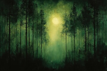 Mysterious forest landscape illuminated by soft sunlight in a peaceful green setting