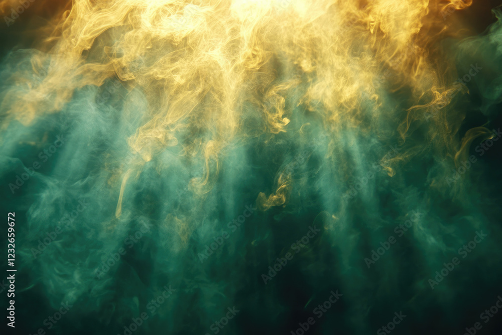 Poster Abstract image of swirling teal and gold smoke illuminated from above, creating a dramatic and ethereal atmosphere.