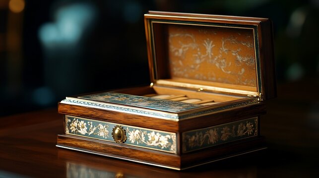 Ornate wooden cigar box open on table, detailed carvings, blurred background