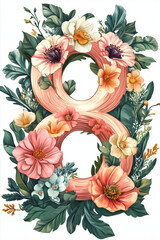Floral Number Eight Illustration. Artistic depiction of the number eight surrounded by colorful flowers and leaves. Ideal for spring decor or botanical design themes.