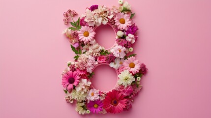 Floral Number 8 on Pink. Colorful floral number 8 on a pink background, perfect for spring designs, International Women's Day or Mother's Day themes.