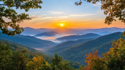 Fototapeta premium Serene Sunrise Over Mountain Range with Colorful Autumn Foliage