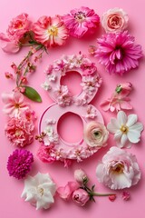 Floral Number Eight Design. Number 8 with pink flowers on a pink background, perfect for feminine designs, celebrations, and romantic events.