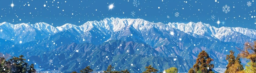 Obraz premium A serene winter landscape showcasing majestic snow-capped mountains under a clear blue sky, with gentle snowfall enhancing the tranquil atmosphere.