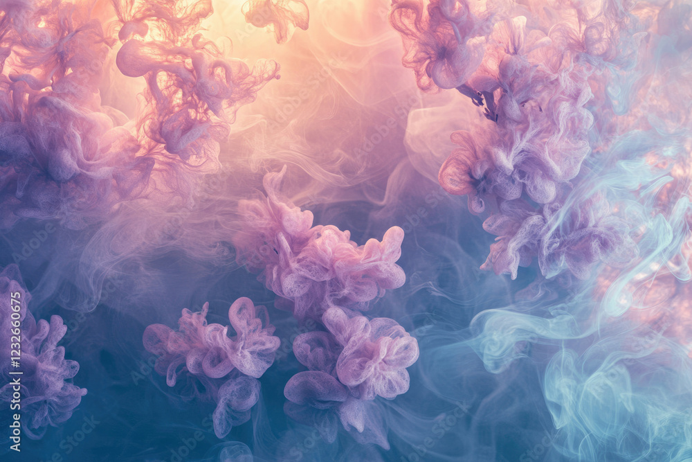 Poster abstract image of swirling pastel pink and blue ink clouds in water, creating a dreamy and ethereal 