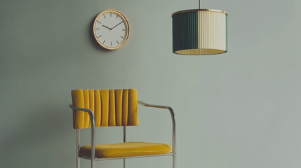 A stylish interior scene displaying a tubular metal chair with a plush mustard-yellow seat, an...