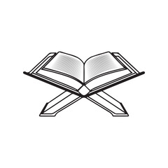 Islamic holy book, Quran, open book on stand, black and white illustration 