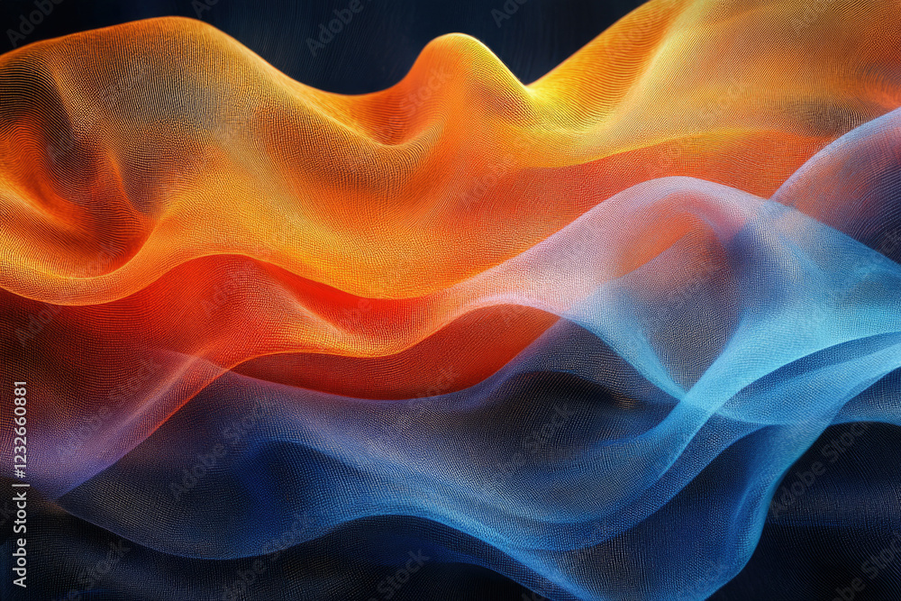 Poster abstract image of flowing, translucent fabric in shades of orange and blue, creating a wave-like pat