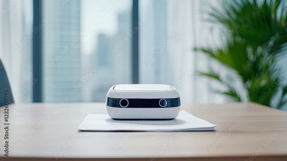 Aufkleber modern technology device on table with urban background view
