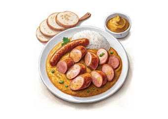Currywurst is fried sausage cut into bite-sized pieces and coated with curry sauce. Complemented with a portion of fries. The sausages have a dense but juicy texture.