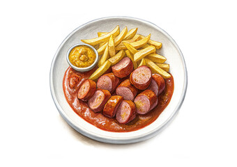 Currywurst is fried sausage cut into bite-sized pieces and coated with curry sauce. Complemented with a portion of fries. The sausages have a dense but juicy texture.