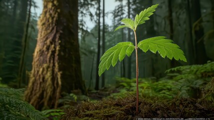 Fototapeta premium Young Green Plant Growing in Lush Forest Setting Surrounded by Trees