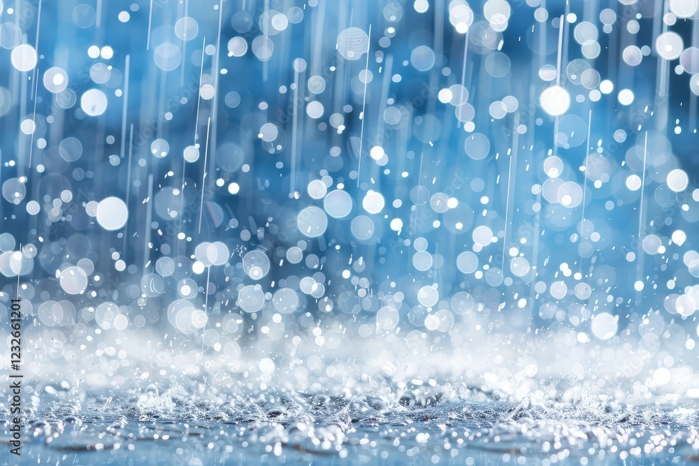 Poster a serene image of raindrops creating ripples on a surface, with blurred blue and white bokeh effects