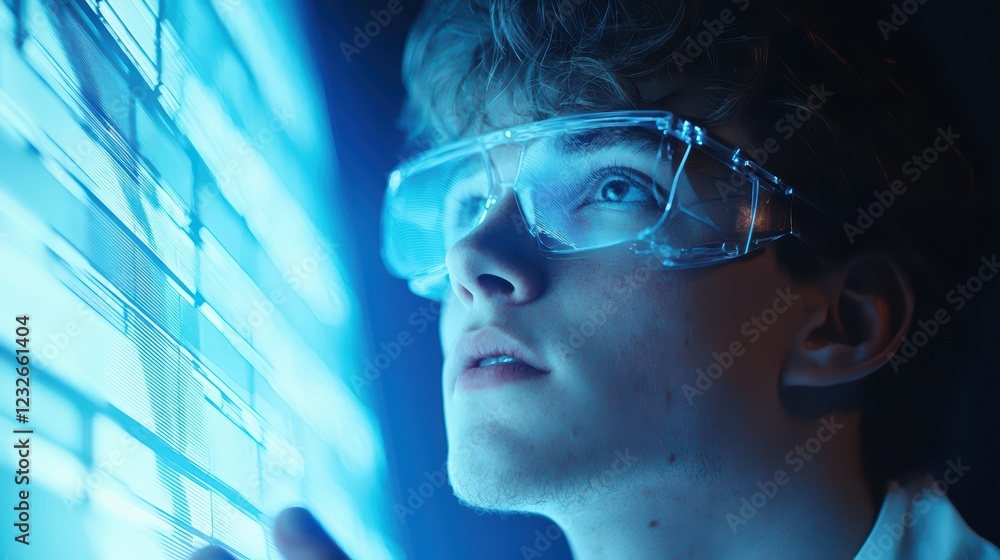 Poster young scientist analyzing data on futuristic display in laboratory