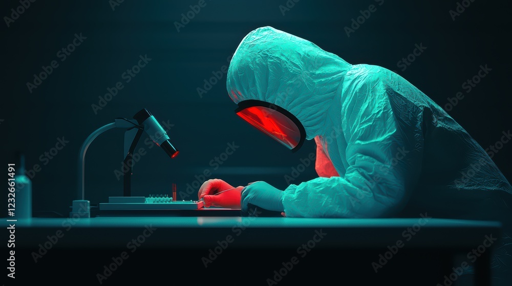 Poster scientist in protective gear working with microscope in laboratory