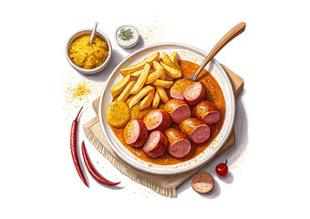 Currywurst is fried sausage cut into bite-sized pieces and coated with curry sauce. Complemented with a portion of fries. The sausages have a dense but juicy texture.
