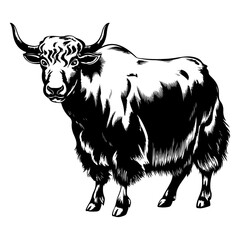 Yak Engraving Style Artwork – Intricate Black and White Animal Design
