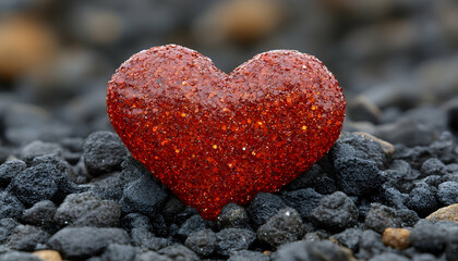 Obraz premium Photo - Glittering Red Heart on Dark Rocks Love Romance Valentine's Day Affection Passion Symbolism