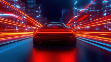 Fototapeta premium Rear View of Sports Car Driving Through Neon City at Night