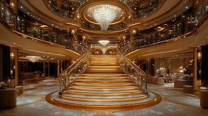 Obraz premium Grand yacht staircase, opulent lobby, lighting, luxury interior, travel