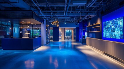 Fototapeta premium Modern Blue Lit Office Corridor Reception Area