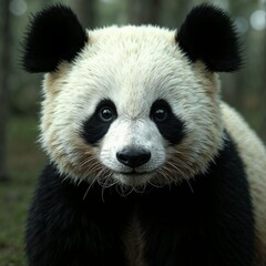 Obraz premium Cute giant panda staring directly at the camera with a lush green forest background