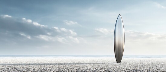 Metal surfboard stands on beach; cloudy sky, ocean background; website banner