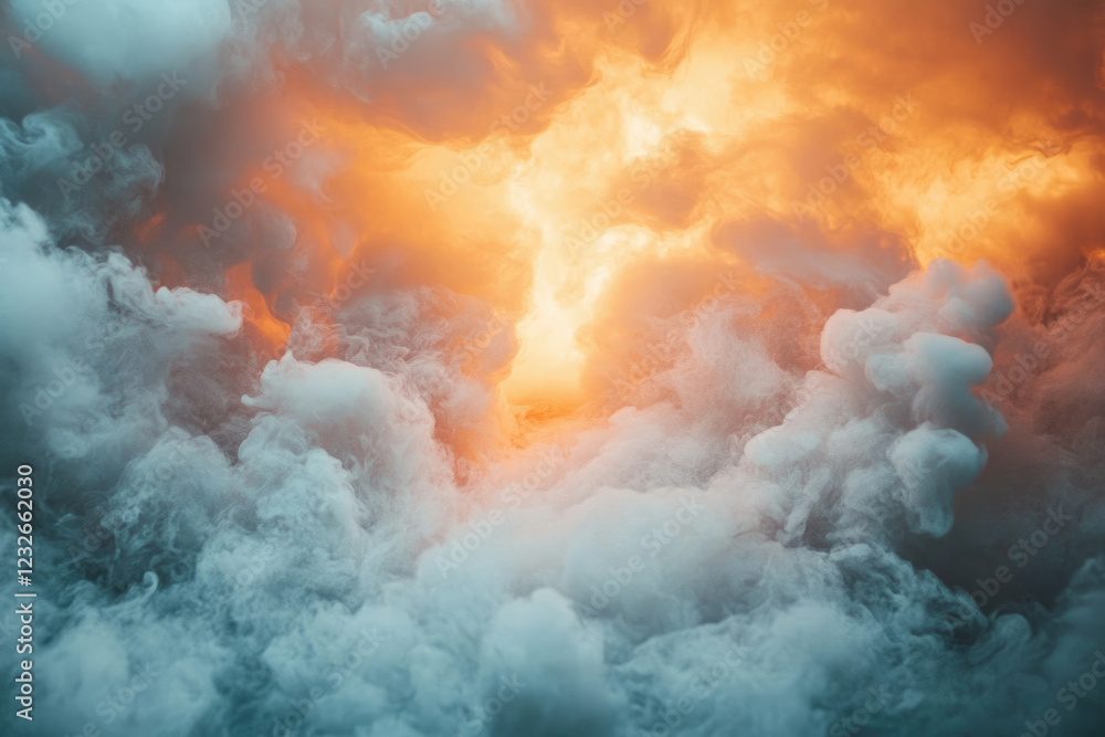 Poster abstract ethereal cloudscape with warm orange glow, creating a mystical and dreamy atmosphere.
