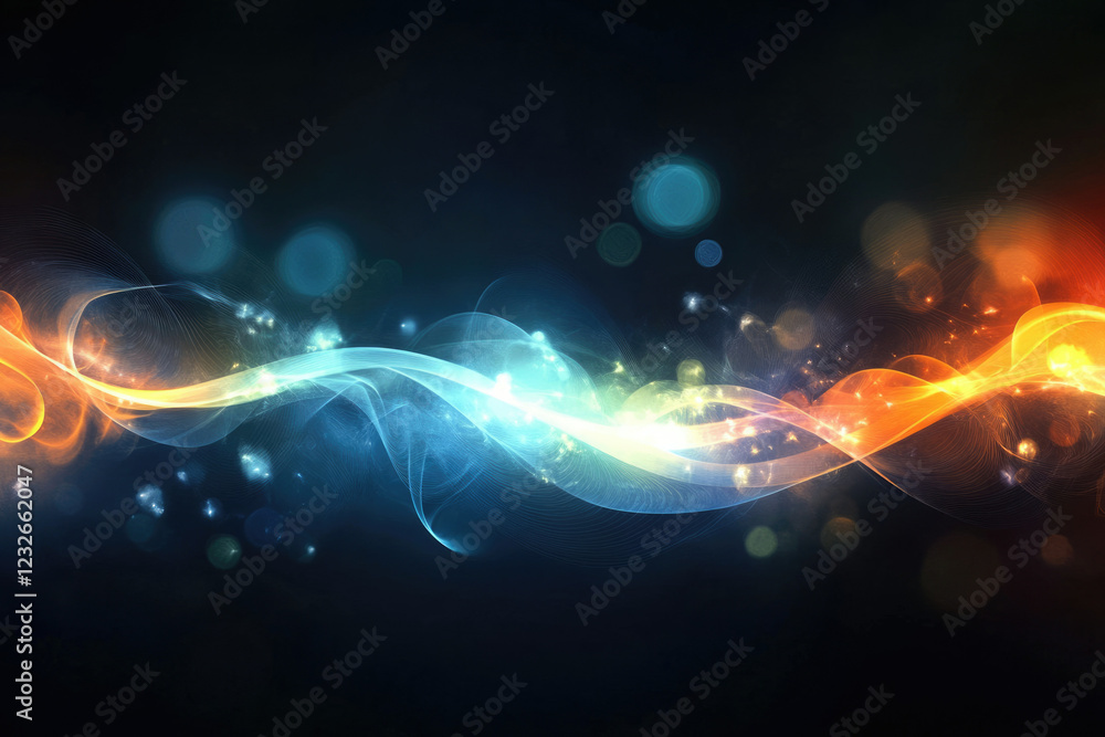 Aufkleber Abstract image of intertwining blue and orange energy waves with sparkling particles on a dark background.