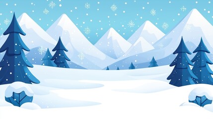 Snowy Winter Landscape with Mountains and Evergreen Trees
