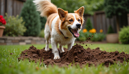 Playful Dog Digging in Backyard Garden Happy Canine Enjoying Outdoor Fun
