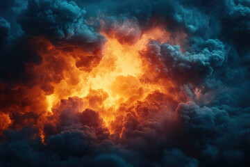 Fototapeta premium Fiery inferno within a dark, stormy sky; a dramatic clash of fire and smoke.