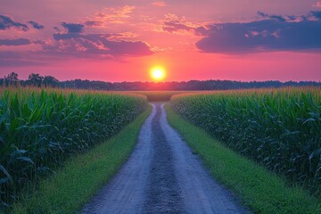 Obraz premium Cornfield path leads toward vibrant sunset under dramatic clouds