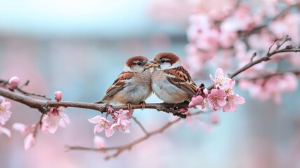  Adorable Sparrow Chicks Resting Among Blooming Pink trees Blossoms on a Sunny Spring Day in a Garden. spring time concept, copy space